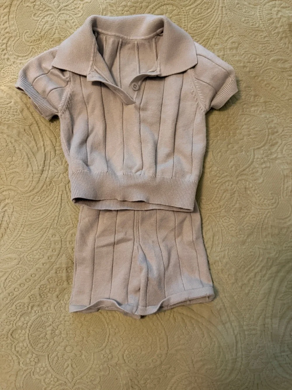 Kids Beige Knit Matching Set - 100% cotton Short Sleeve Polo Top & Shorts